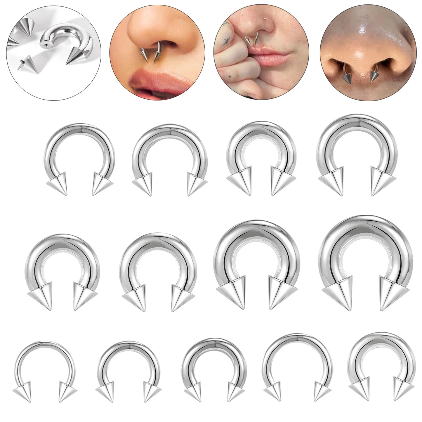 ZS 1PC 2/4/6/8G  Spike Horseshoe Nose Ring Stainelss Steel Cone Large Gauge Piercings Internal Threaded Septum Nose Ear Expander