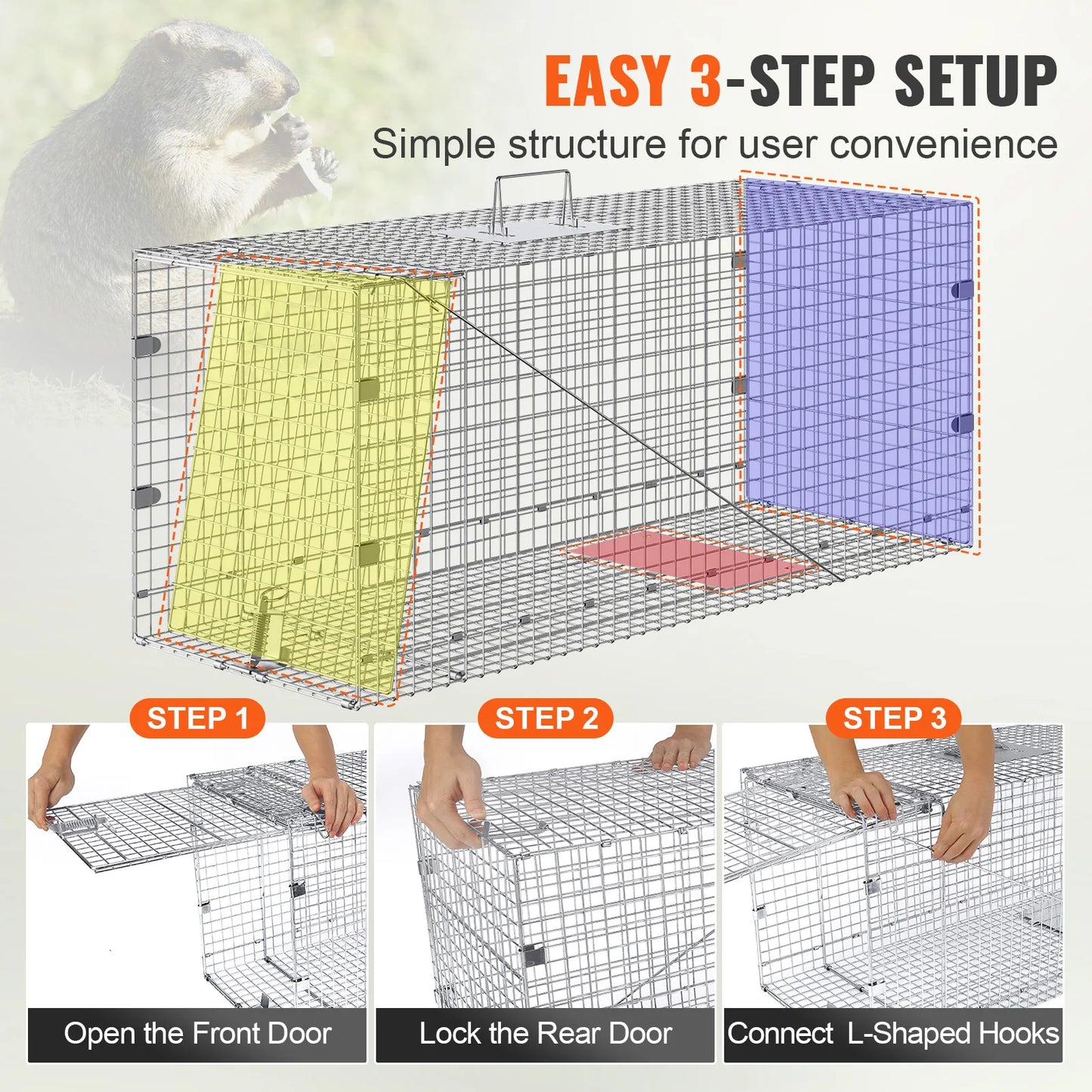 VEVOR 24/31/42/50in Live Animal Cage Trap Folding Humane Cat Trap Galvanized Iron with Handle for Rabbits Squirrels Groundhogs