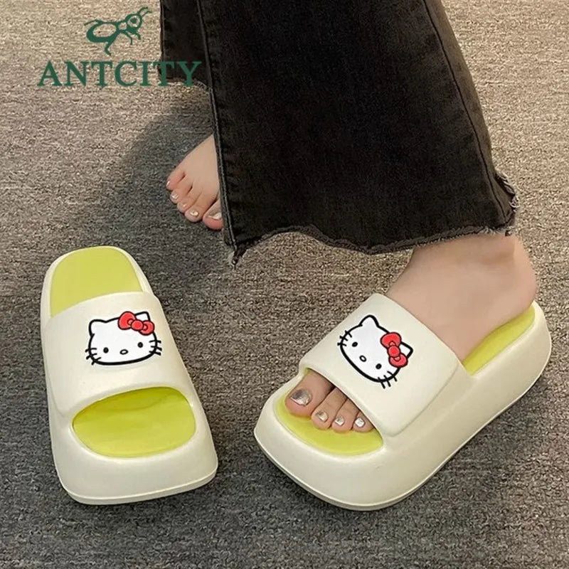 Sanrio Hello Kitty Modern Style High Heels Slippers for Women Y2k Cute Cartoon Home Shoes Summer New Beach Anti Slip Slippers