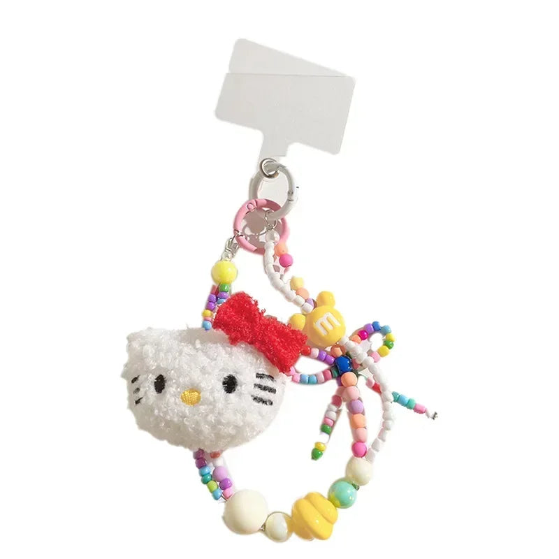 Sanrio Colorful Beaded Keychain Hello Kitty Kawaii Cartoon Plush Phone Strap Wrist Strap Backpack Pendant Decoration Gifts