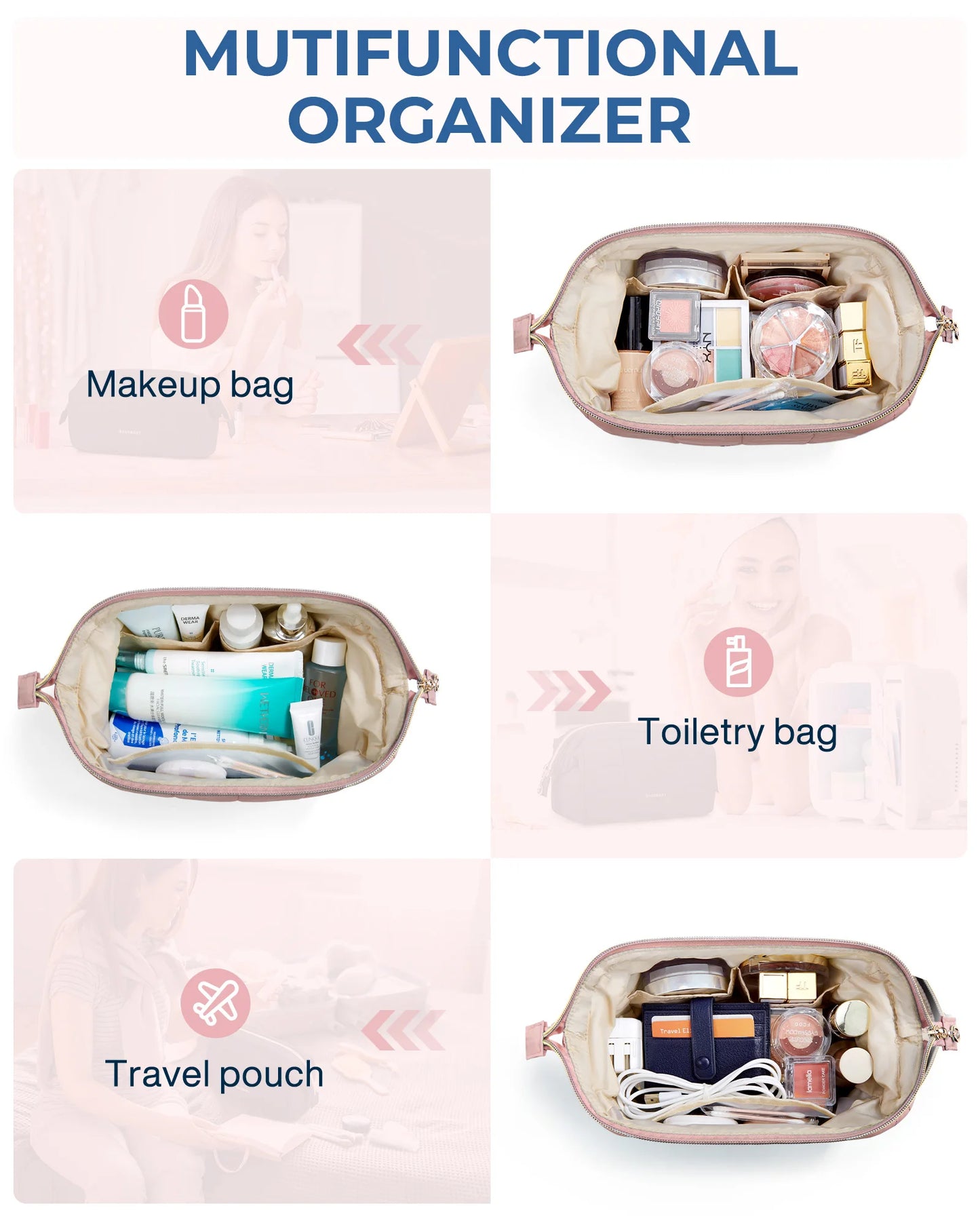 BAGSMART Cosmetic Bag Women's makeup Organizer Wide Opening Pocket Travel Essential Toiletries Accessories Brush Toiletry Bag