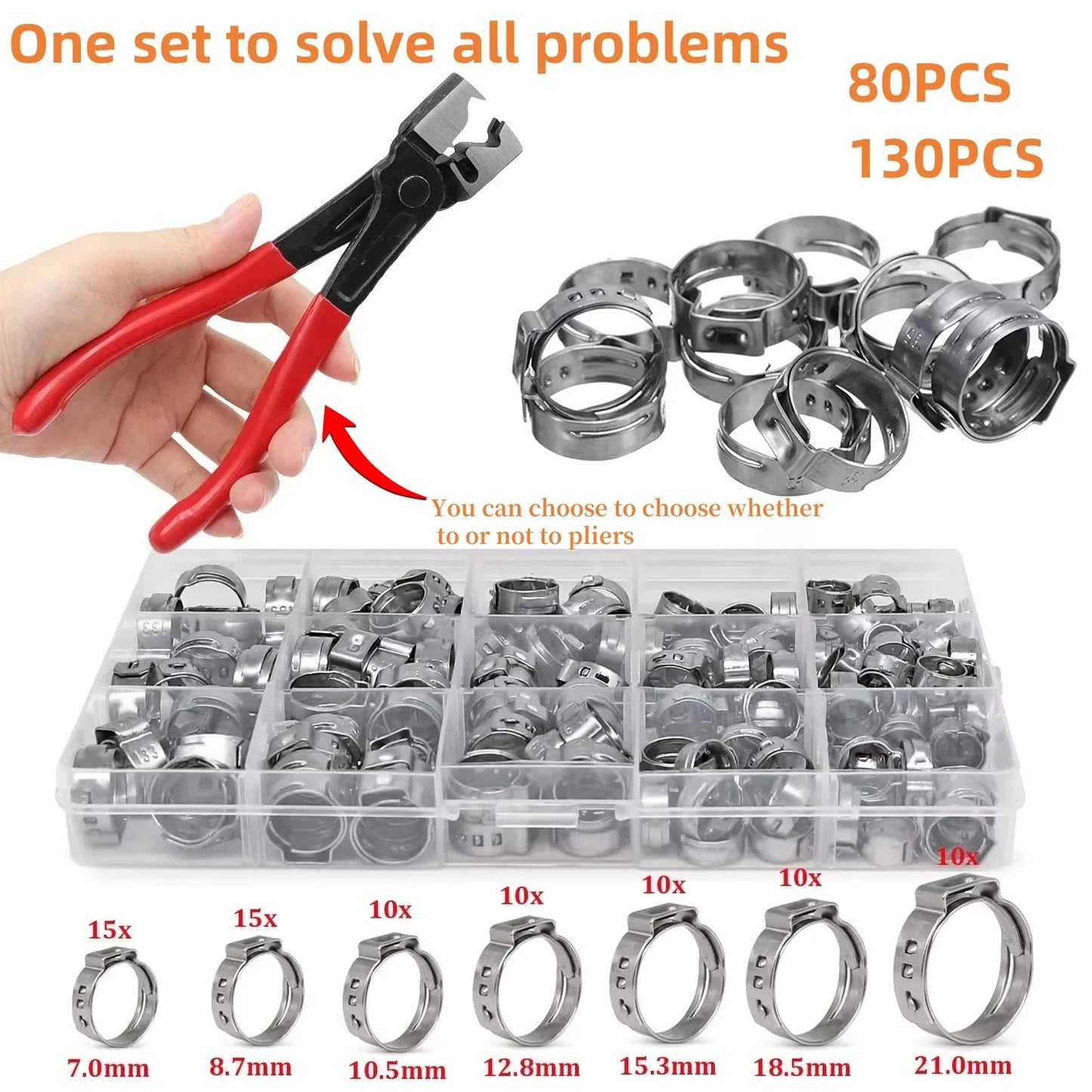 130/80pcs single ear no step fuel hose clamp ring/pliers optional/combination box 7-21mm stainless steel fixture tightening ring