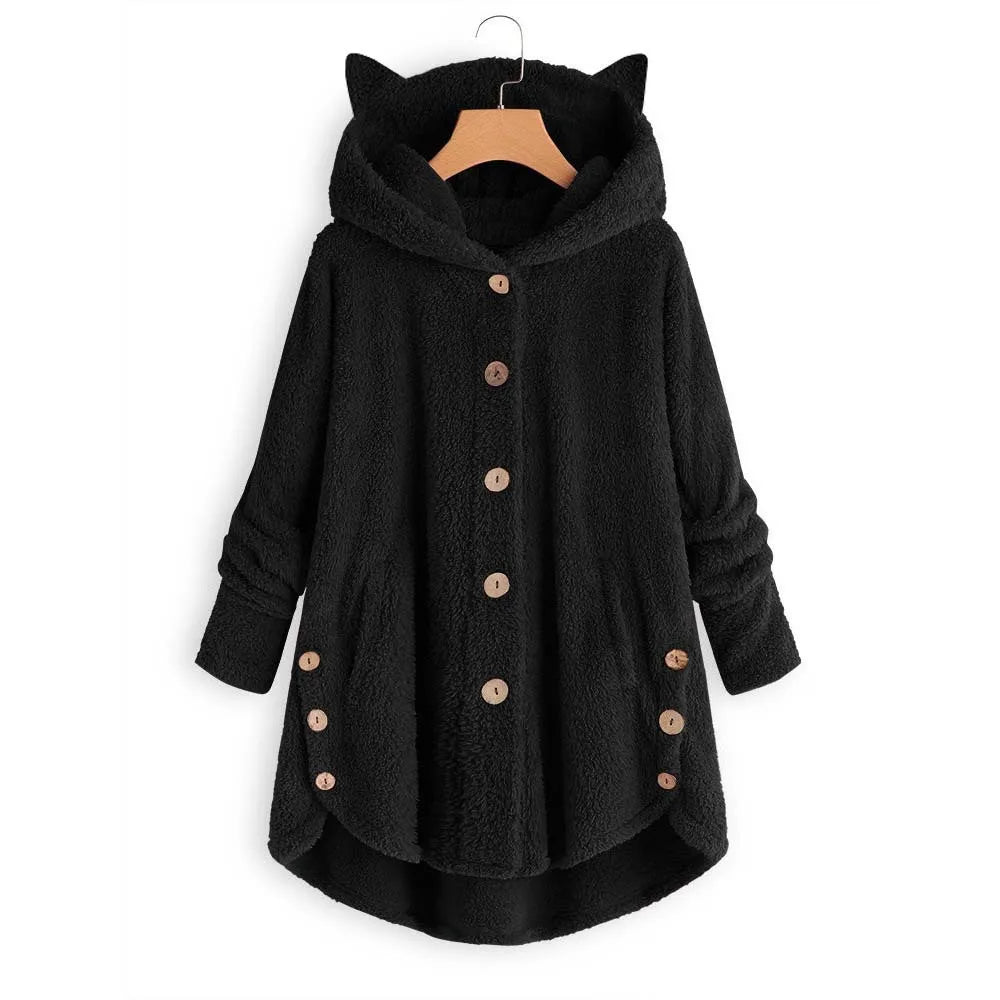 Button Hooded Cat Ear Plush Top Irregular Trendy Brand Solid Color Jacket for Women Feather Coats Parkas Women's Coat Winter Fur