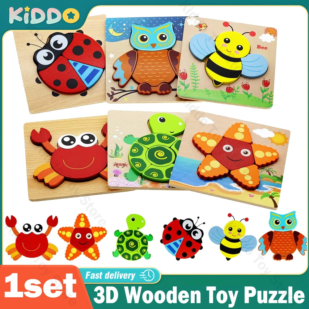 Wooden 3D Toys Puzzle Cartoon Animals Early Learning Cognition Intelligence Puzzle Game Colorful Montessori Toys Christmas Gifts