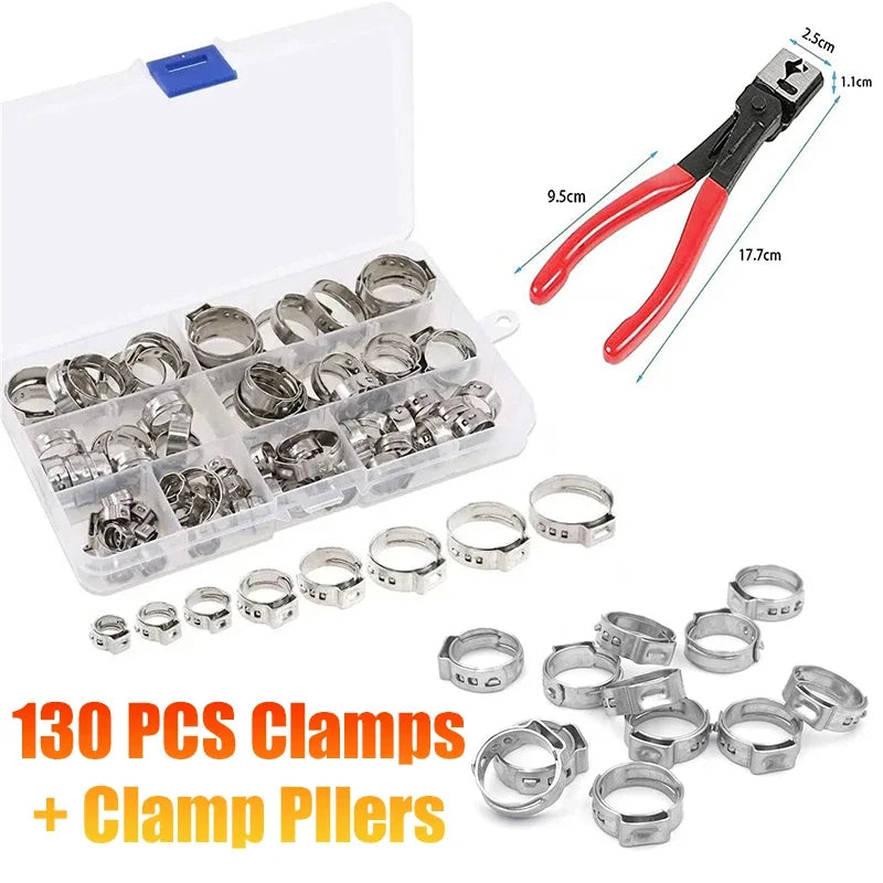 130/80pcs single ear no step fuel hose clamp ring/pliers optional/combination box 7-21mm stainless steel fixture tightening ring