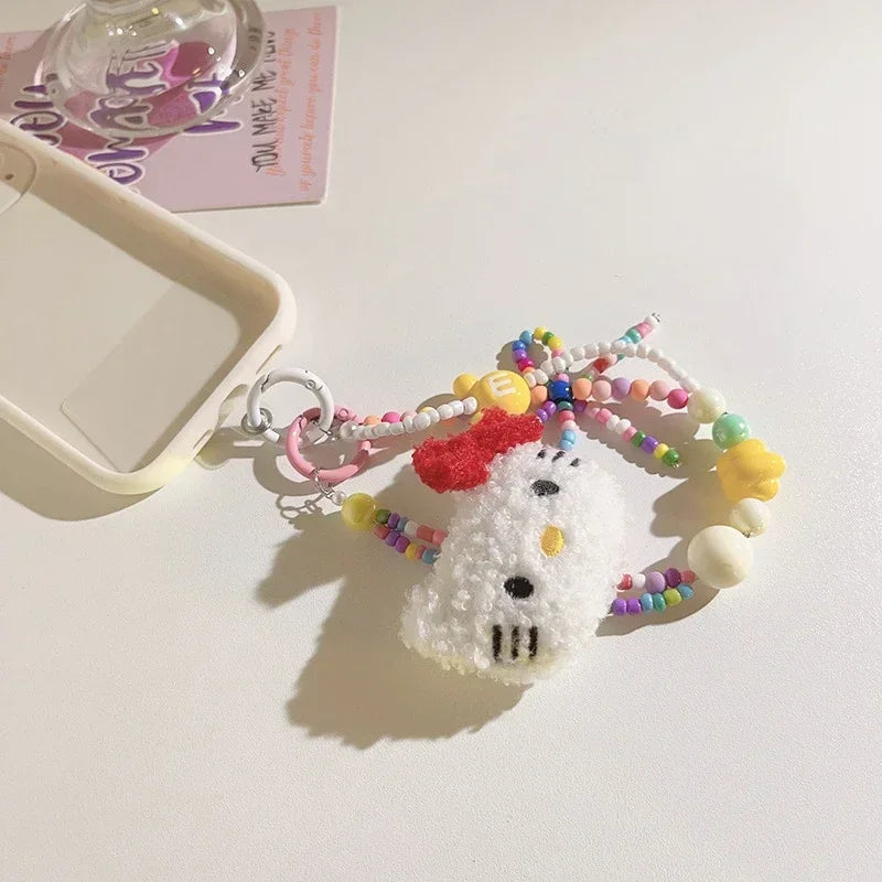 Sanrio Colorful Beaded Keychain Hello Kitty Kawaii Cartoon Plush Phone Strap Wrist Strap Backpack Pendant Decoration Gifts