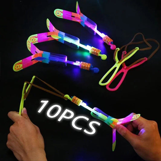 10/5/3/1pcs Funny Flying Led Light Toy Kids Adult Arrow Helicopter Flying Toy Summer Flash Light Rubber Band Catapult Toys