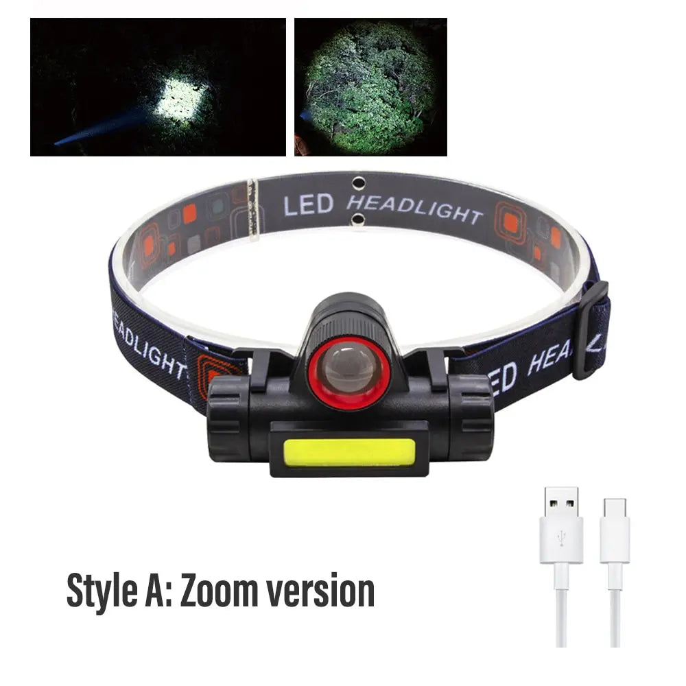 Rechargeable Fishing LED Headlamp Camping Headlight XPE COB Work Light 2 Lighting Modes With Tail Magnet Detachable