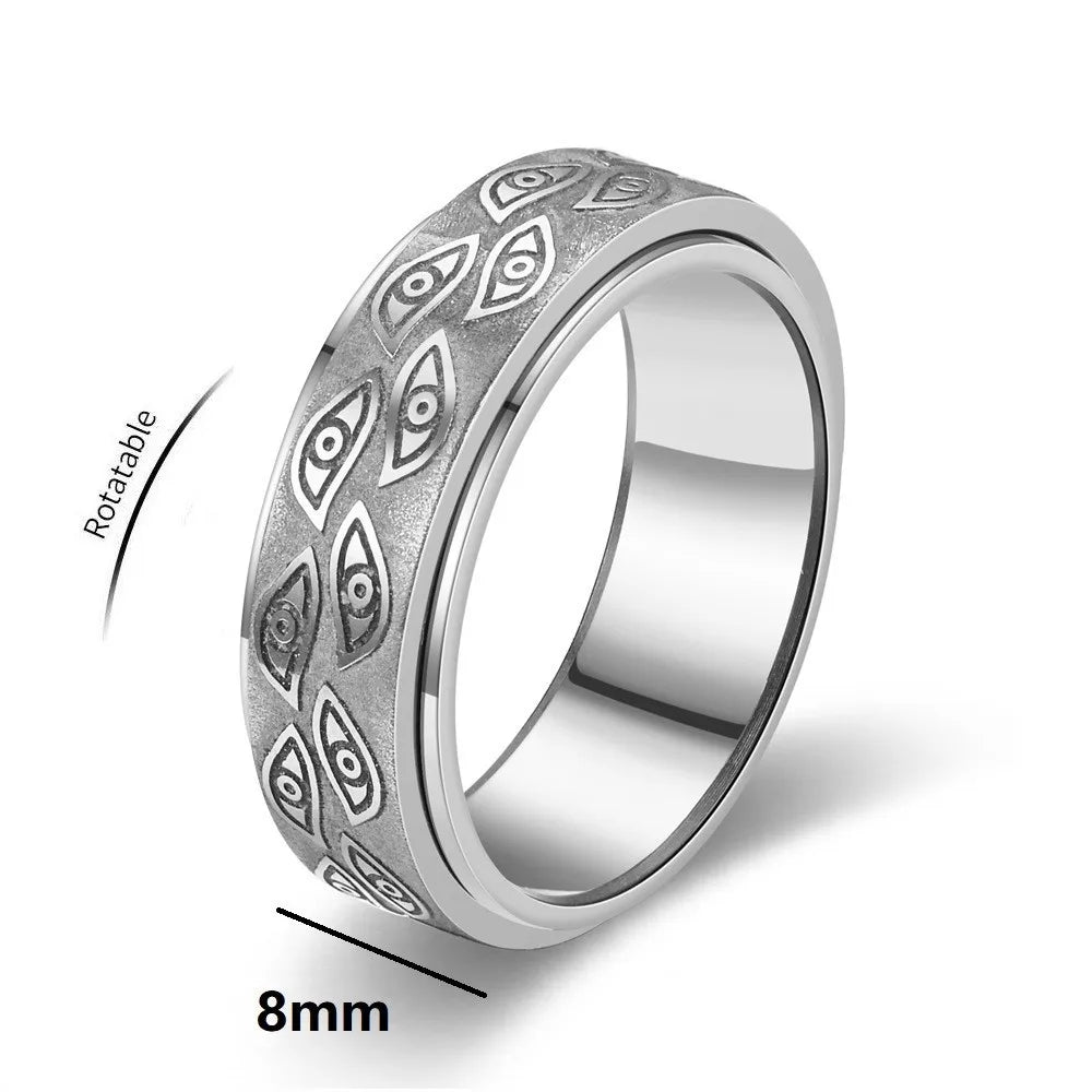 Anti Stress Stainless Steel Spinner Rings For Men Carved Demon Eye Rotatable Fidget Anxiety Joint Ring Jewelry Bague Homme