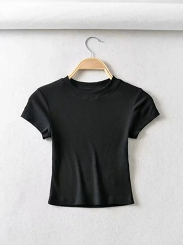 Summer Sexy Women O-neck Short-sleeve T-shirt Slim Elastic Skinny Crop Tops