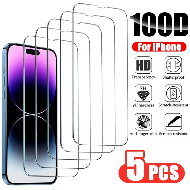 3/5PCS Glass Screen Protector Phone Case for IPhone 12 11 13 14 15 16 Pro Max Mini XS XR X 8 Plus 14Pro 13Pro IPones Front Cover