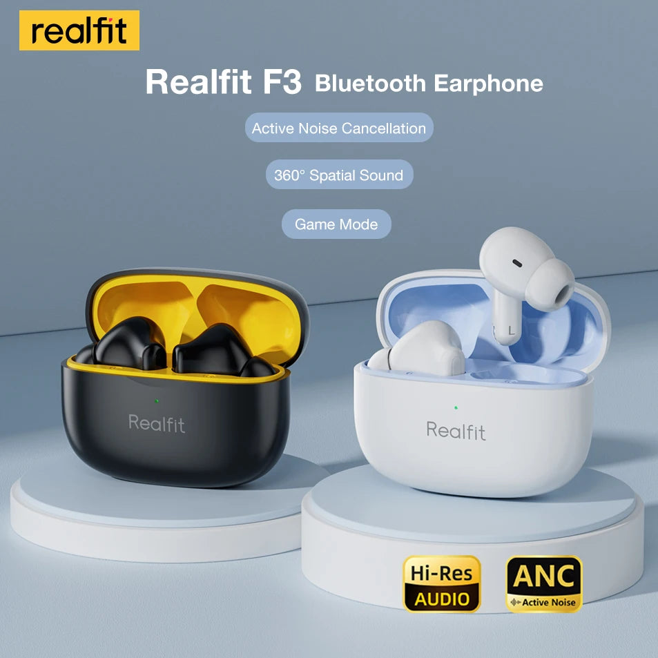 Realfit F3 ANC Active Noice Cancellation Bluetooth Earphones ENC Call HIFI Stereo Superb Bass Wireless Earbuds Sport Gaming