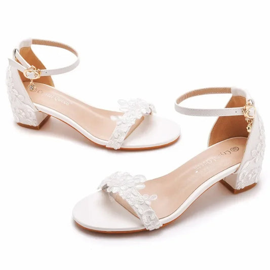 Women Summer Sandals PU 5CM Square Heel Buckle Strap Embroidery Lace Party Dress Wedding Nightclub Women Shoes White