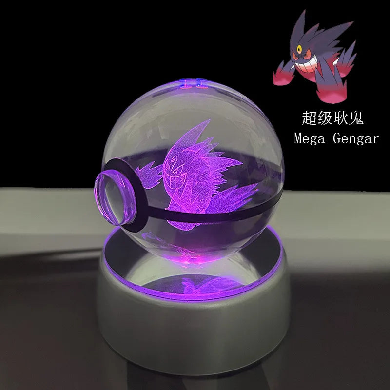 Pokemon Crystal Ball Pikachu Gengar Eevee Mewtwo Lacario Anime Game Pokeball Led Night Light Base Kids Birthday Gift Home Decor