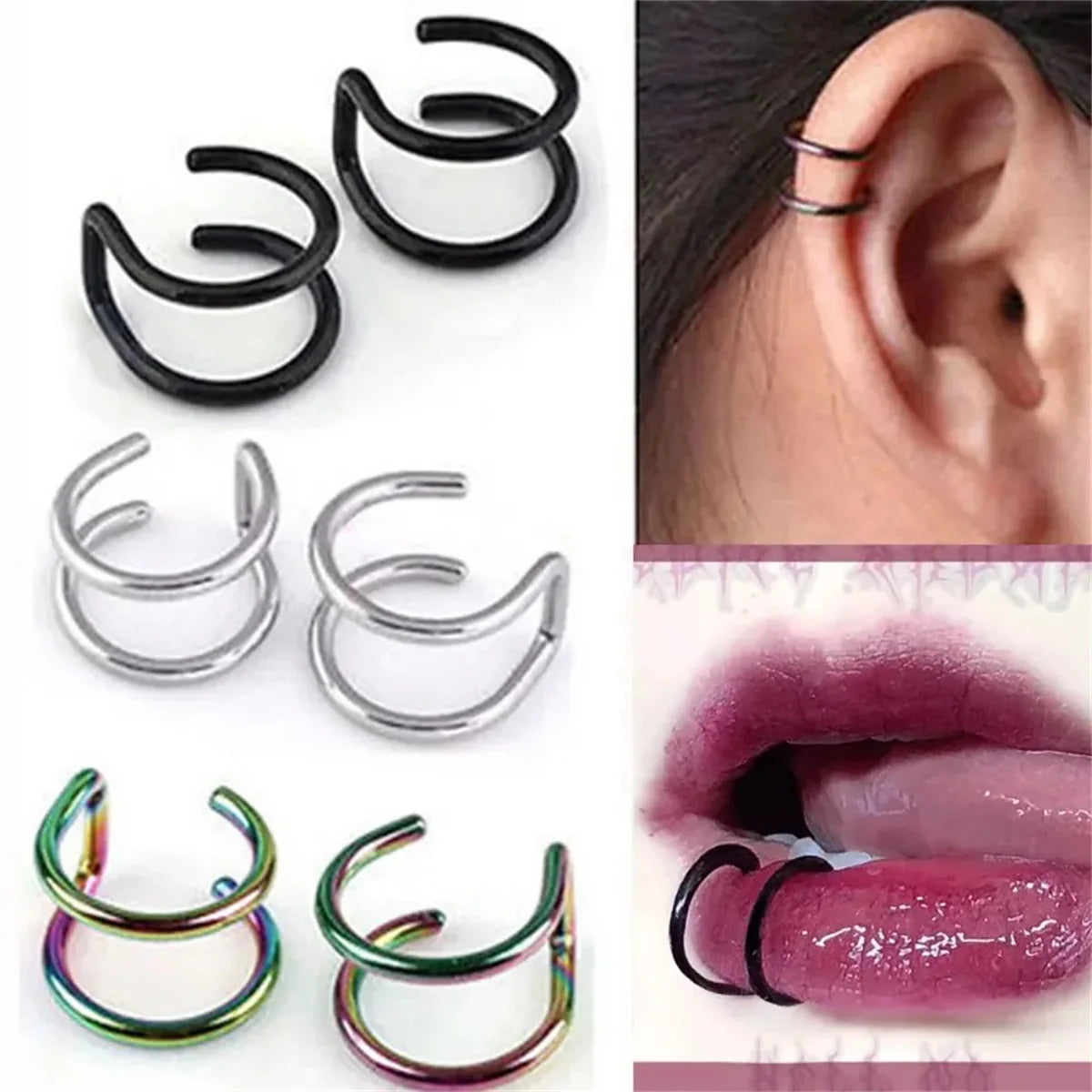 2pcs 316L Stainless Steel Fake Ear Piercing Jewelry for Women Men, Clip on Ear Cuffs Fake Lip Ring Non Piercing Labret Rings