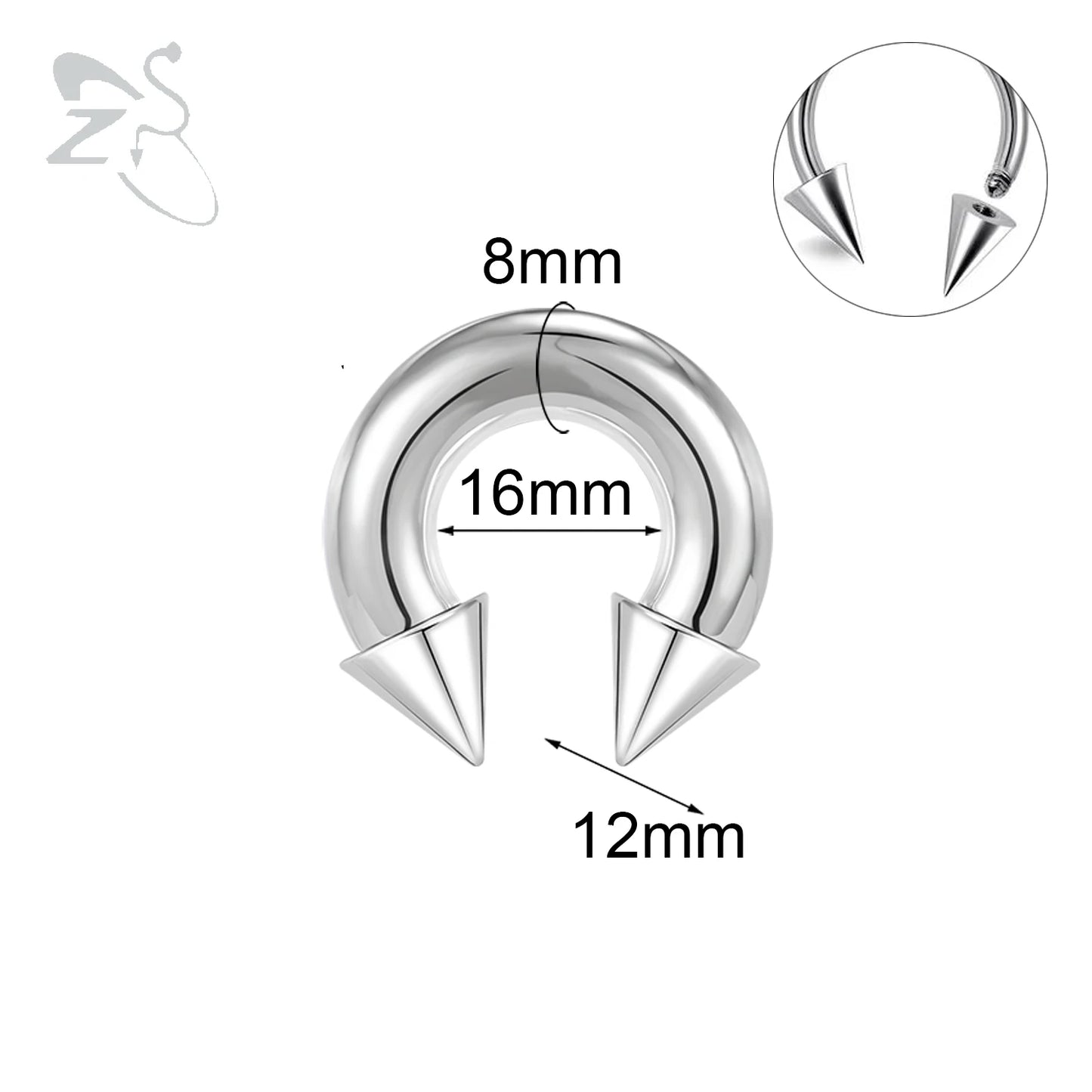 ZS 1PC 2/4/6/8G  Spike Horseshoe Nose Ring Stainelss Steel Cone Large Gauge Piercings Internal Threaded Septum Nose Ear Expander