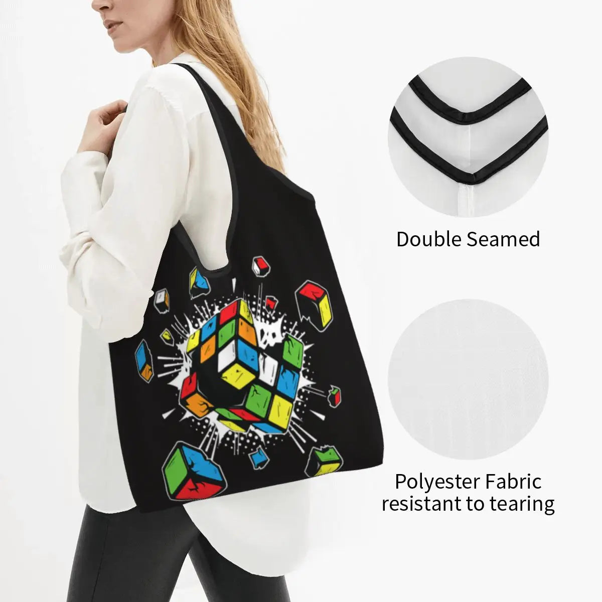 Recycling Exploding Rubix Rubiks Rubics Cube Shopping Bag Women Tote Bag Portable Math Lovers Groceries Shopper Bags