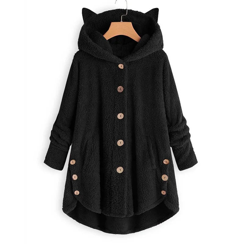 Button Hooded Cat Ear Plush Top Irregular Trendy Brand Solid Color Jacket for Women Feather Coats Parkas Women's Coat Winter Fur