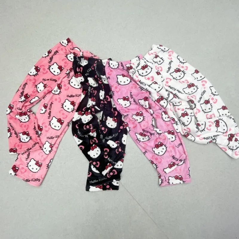 Sanrio Hello Kitty Pajamas Black Anime Flannel Women Warm Woolen Whitecartoon Casual Home Pants Autumn Fashion Trousers Gifts