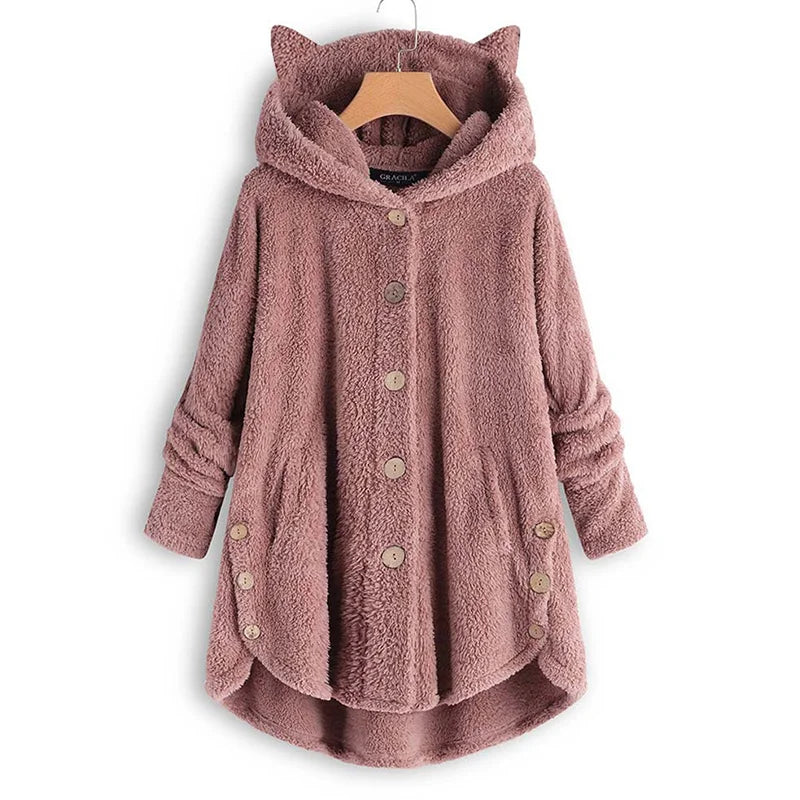 Button Hooded Cat Ear Plush Top Irregular Trendy Brand Solid Color Jacket for Women Feather Coats Parkas Women's Coat Winter Fur