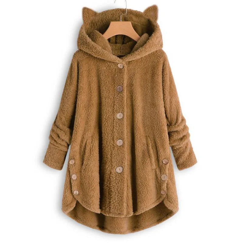 Button Hooded Cat Ear Plush Top Irregular Trendy Brand Solid Color Jacket for Women Feather Coats Parkas Women's Coat Winter Fur