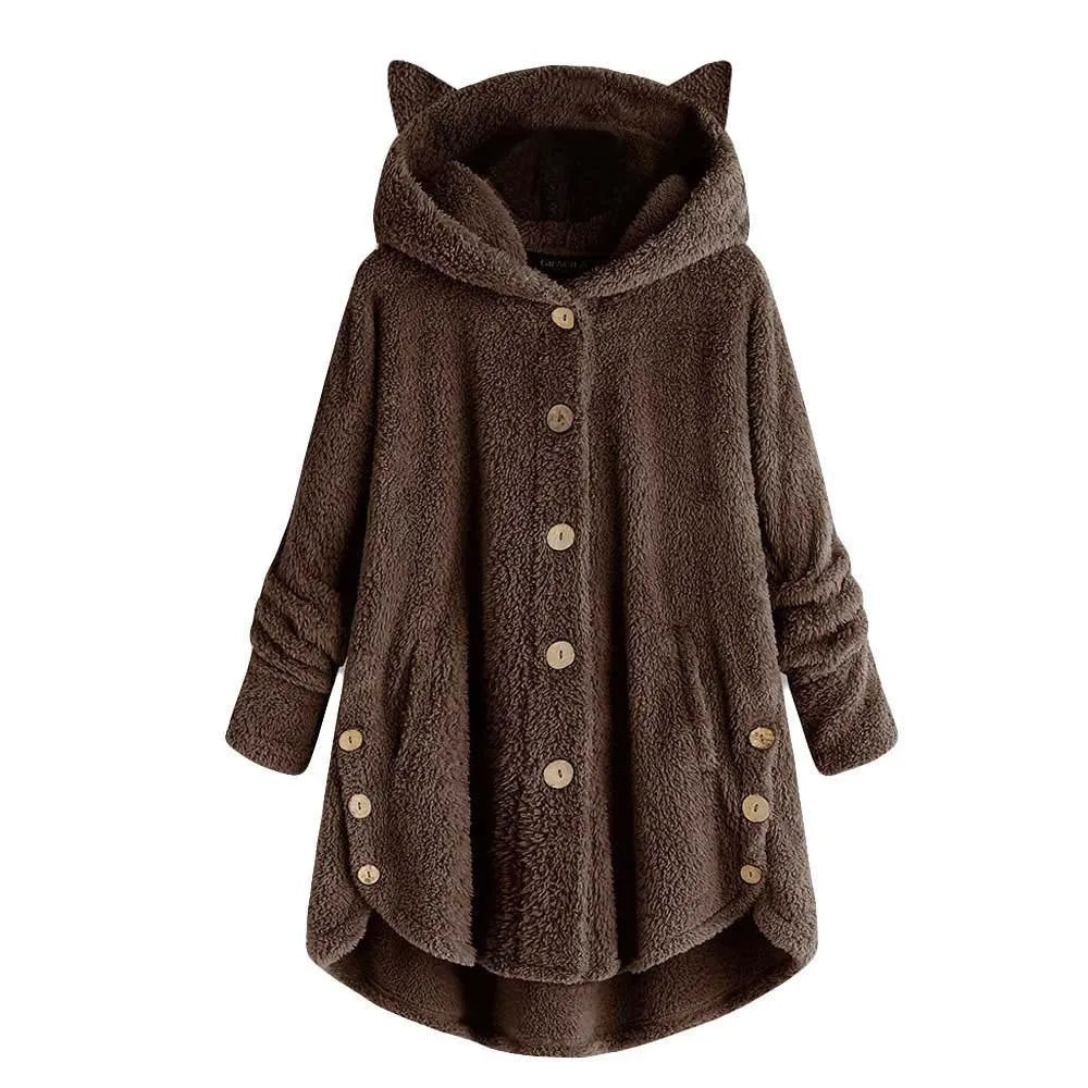 Button Hooded Cat Ear Plush Top Irregular Trendy Brand Solid Color Jacket for Women Feather Coats Parkas Women's Coat Winter Fur