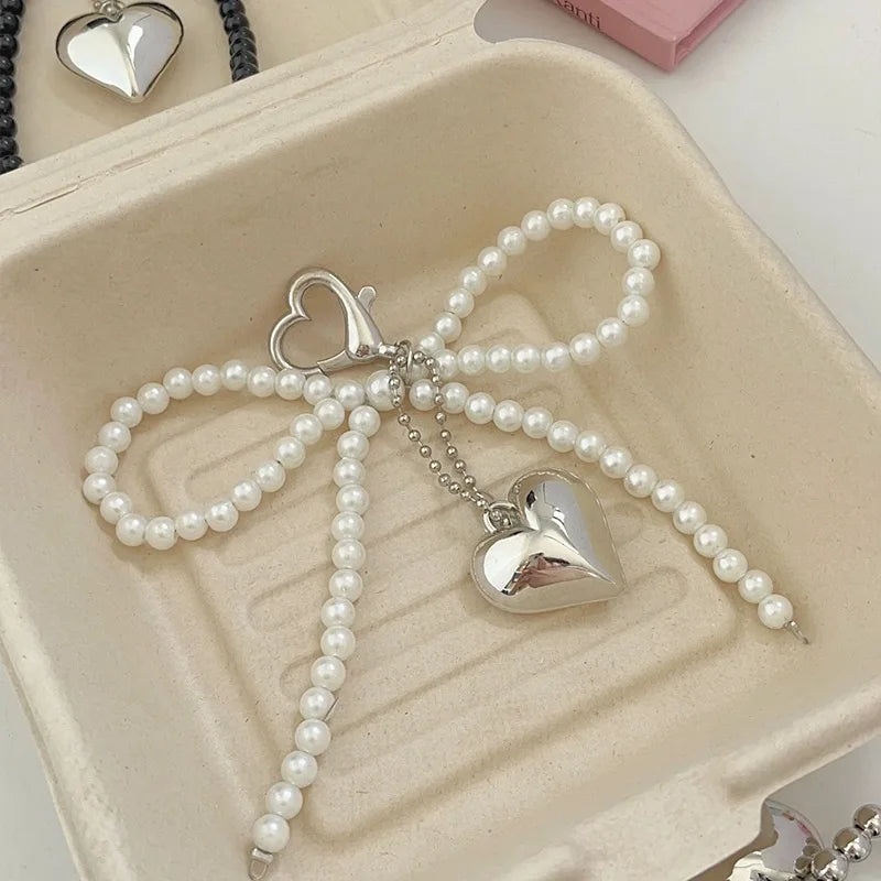 ZAKOL White Bowknot Heart Keychain Women Sweet Charm Pearl Bow Backpack Key Ring Handmade Jewelry Ornament Bags Pendants Gif