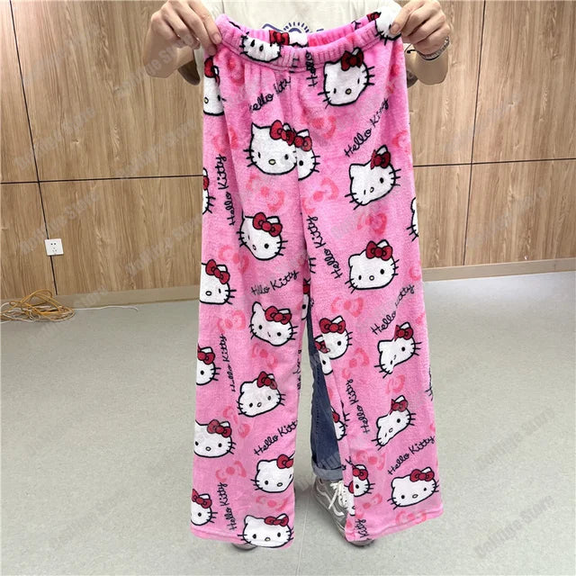 Sanrio Hello Kitty Pajamas Black Anime Flannel Women Warm Woolen Whitecartoon Casual Home Pants Autumn Fashion Trousers Gifts