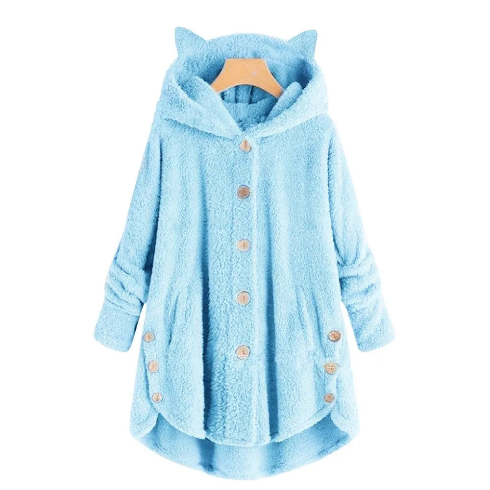 Button Hooded Cat Ear Plush Top Irregular Trendy Brand Solid Color Jacket for Women Feather Coats Parkas Women's Coat Winter Fur