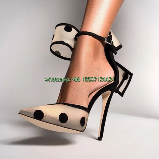 Bow Decorated Pointed Toe Mesh High Heels Polka Dot Plus Size Women's Slingback Pumps