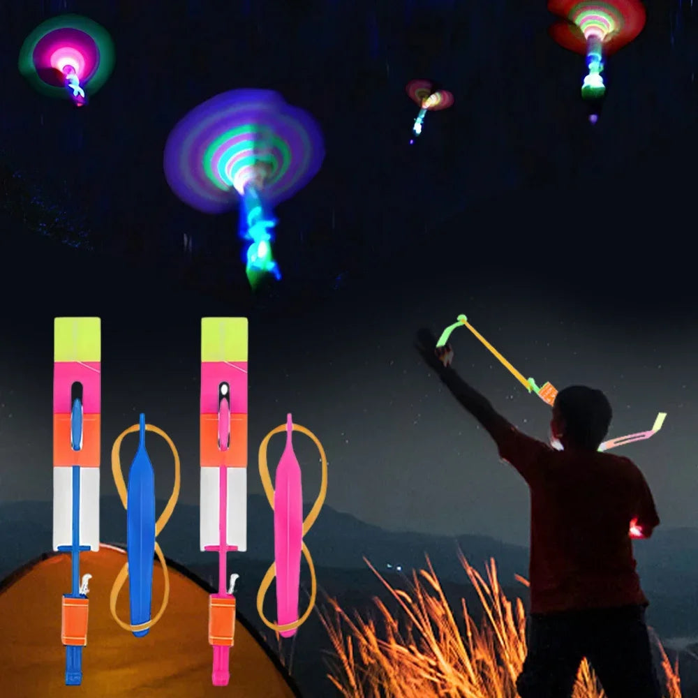 10/5/3/1pcs Funny Flying Led Light Toy Kids Adult Arrow Helicopter Flying Toy Summer Flash Light Rubber Band Catapult Toys