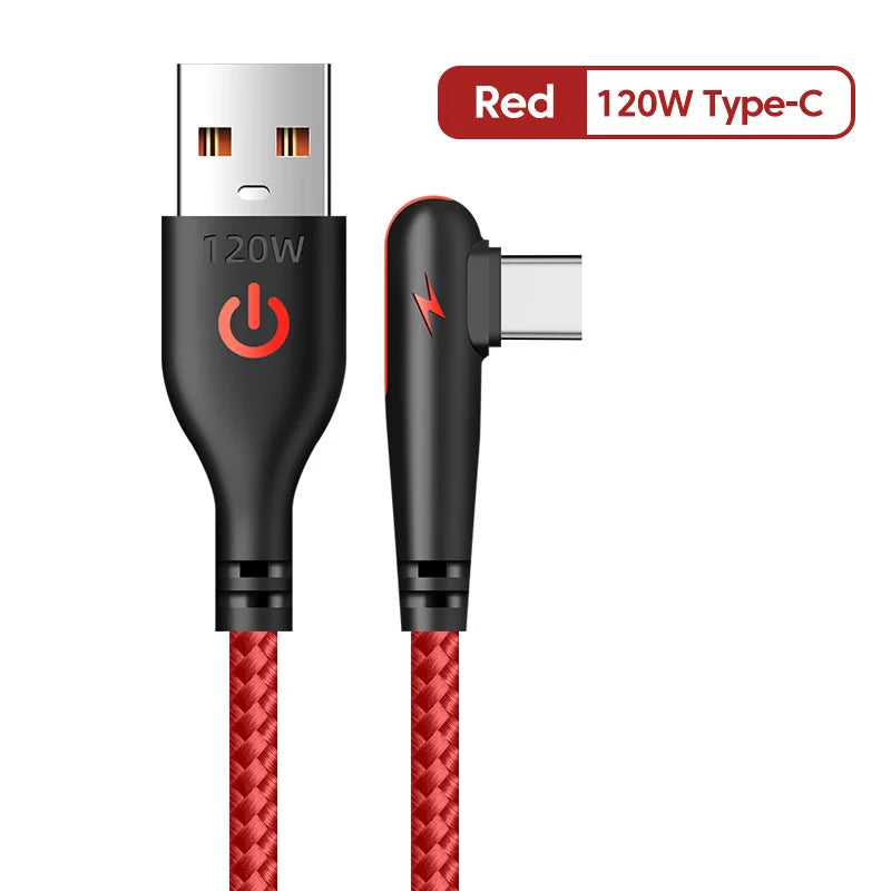 120W USB C Cable For OPPO Fast Charging 90 Degree Cord For Samsung S21 xiaomi 14 iPhone15 Quick Charging Data Wire Charger Cable