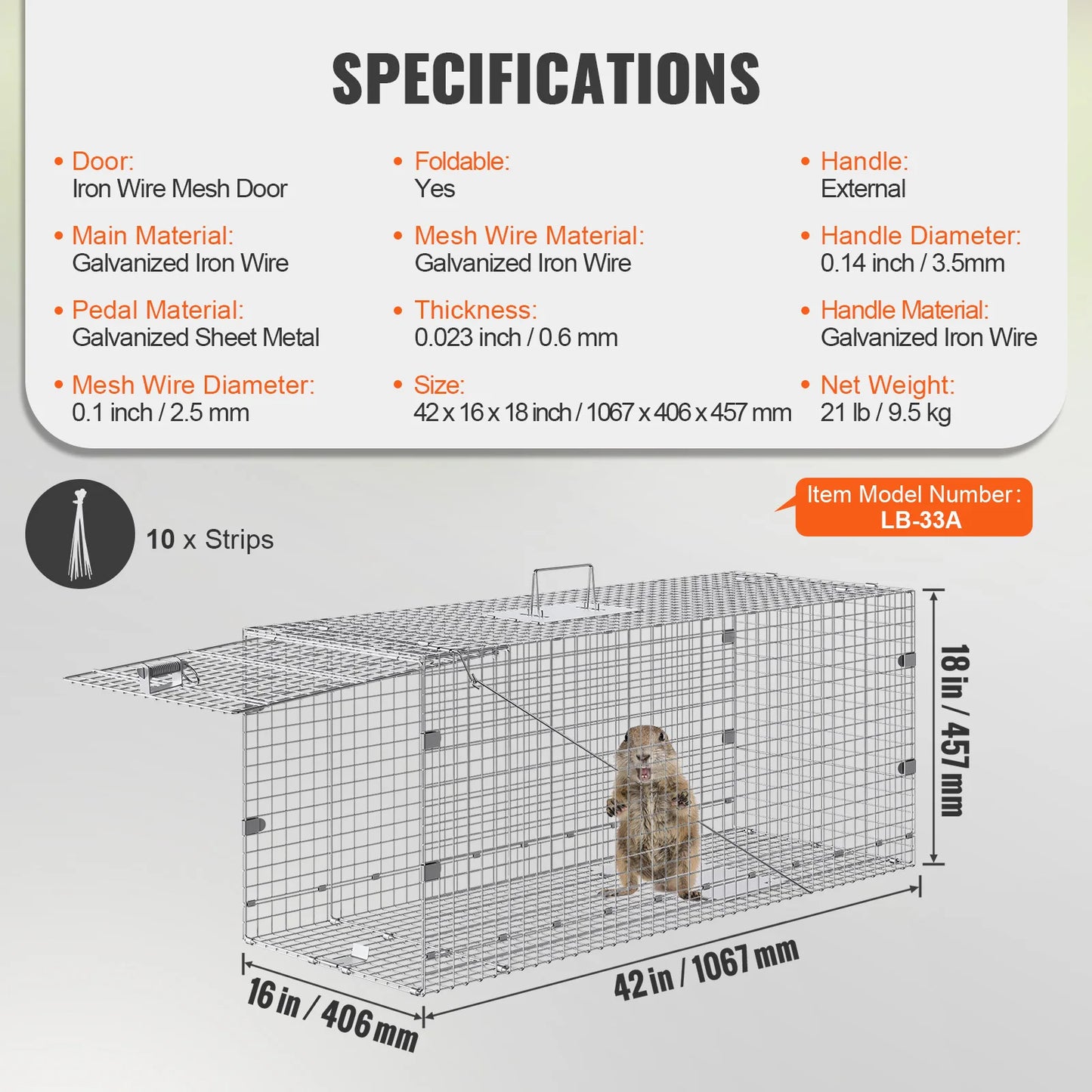 VEVOR 24/31/42/50in Live Animal Cage Trap Folding Humane Cat Trap Galvanized Iron with Handle for Rabbits Squirrels Groundhogs