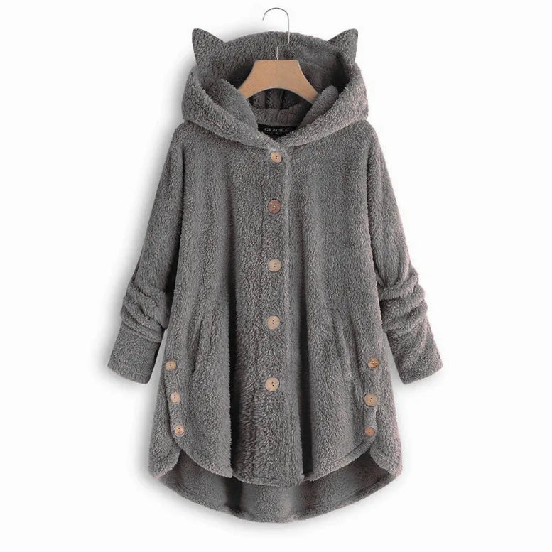 Button Hooded Cat Ear Plush Top Irregular Trendy Brand Solid Color Jacket for Women Feather Coats Parkas Women's Coat Winter Fur